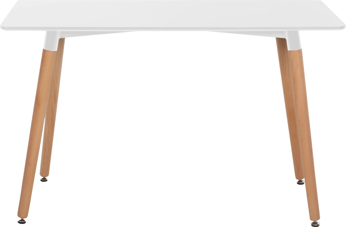 Tavolinë minimaliste për kuzhinë, MDF e bardhë, këmbë druri ahu natyral, 120x60x74cm