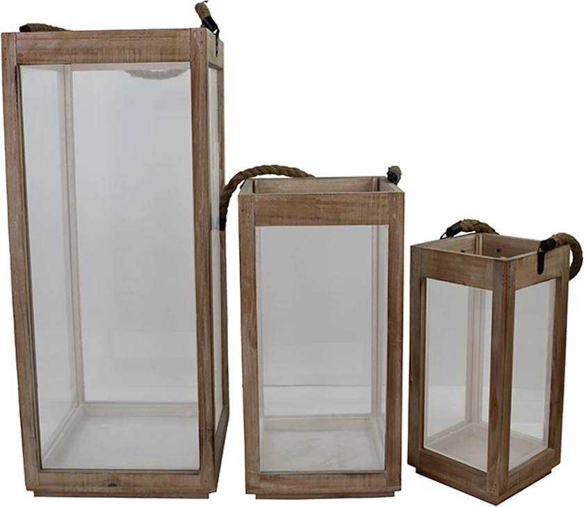 Set llambadarësh GAMAR, 3 copë, dru natyral, xham, 25x25x60cm