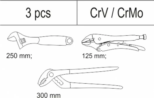 Insert sirtari me vegla Yato YT-55473, 3 copë (çelës i rregullueshëm 260mm, darë vetëbllokuese 125mm, darë të rregullueshme 300mm), zi/kuqe
