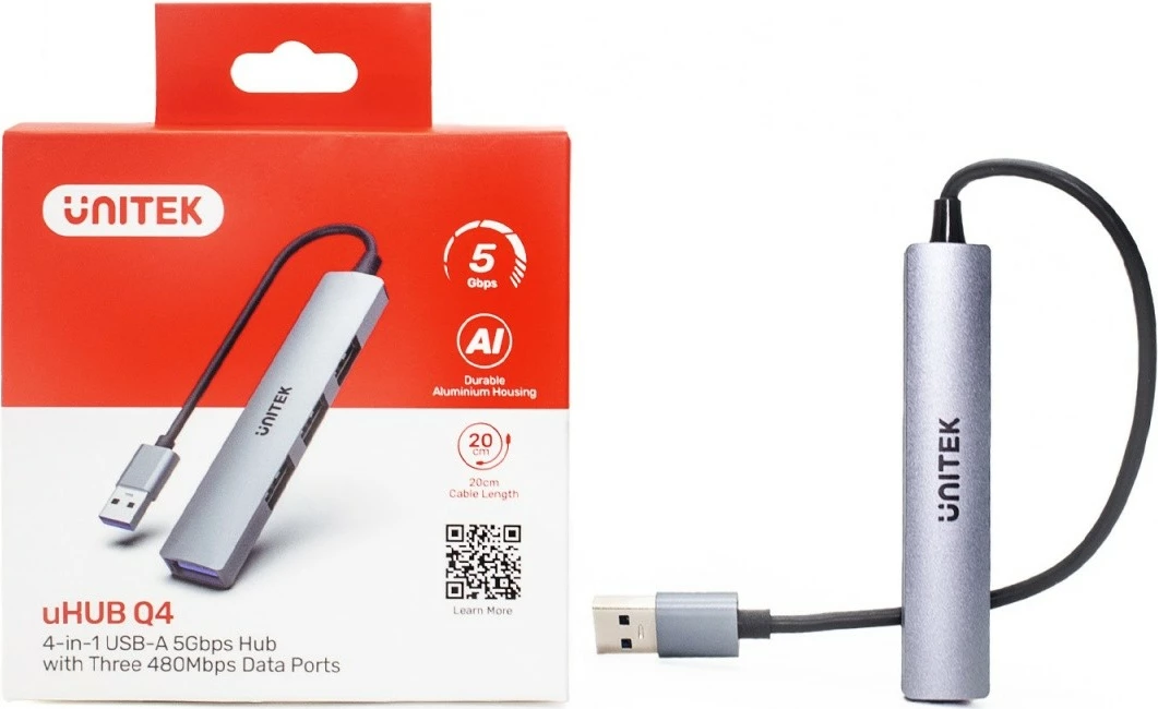 Hub USB Unitek H1208A, 4 porta USB-A (1x 5 Gbps, 3x 480 Mbps), alumini, argjendtë