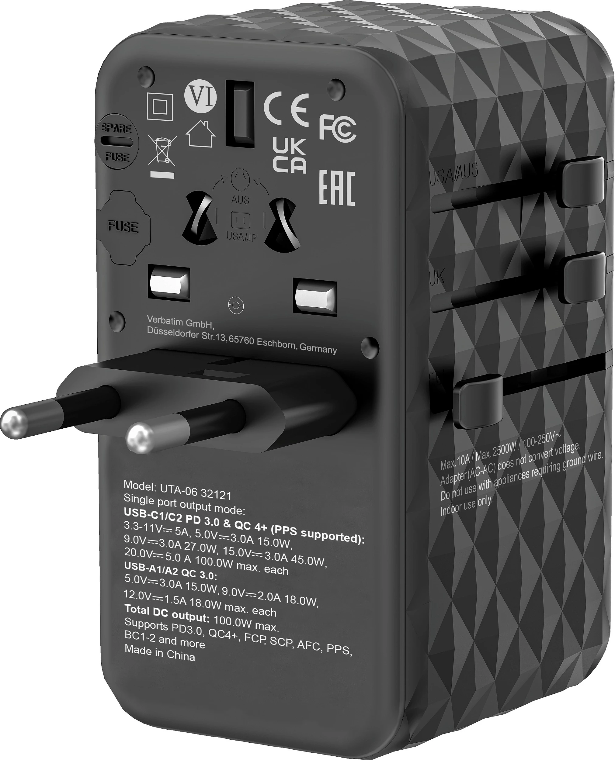 Adapter udhëtimi Verbatim UTA-06 GaN III, 100W, 2x USB-C PD, 2x USB-A QC, i zi