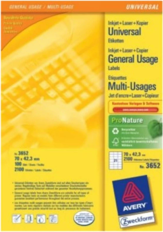 Etiketa vetëngjitëse, Avery Zweckform 3652, A4, 70 x 42.3 mm, 100 fletë / 2100 etiketa, e bardhë