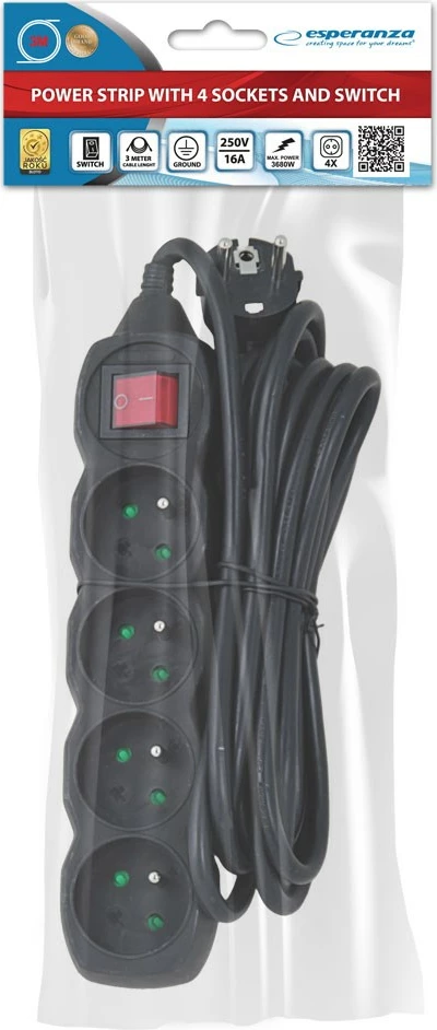 Shtrirës rryme Esperanza ELK213K, 4 porta, 3 m, E zezë