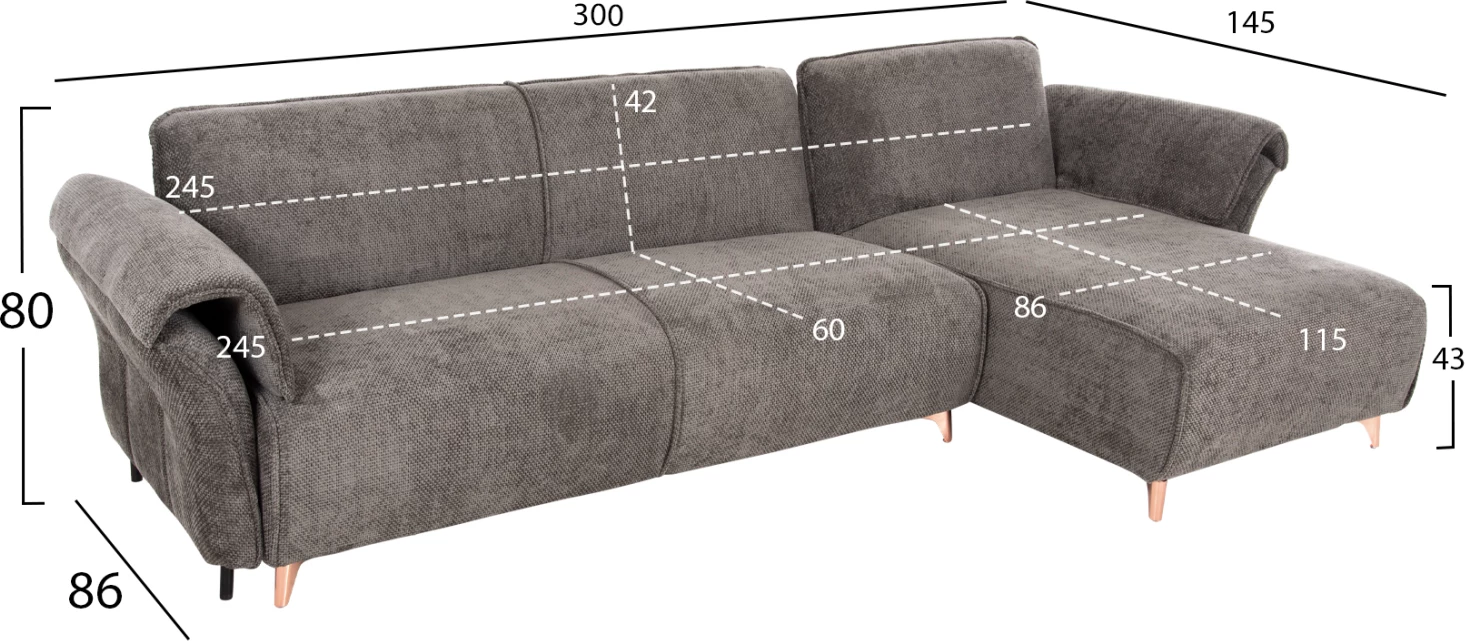 Divan qoshe i kthyeshëm MAILO, FH6071.02, pëlhurë gri e errët, këmbë metalike, 300x150x80H cm