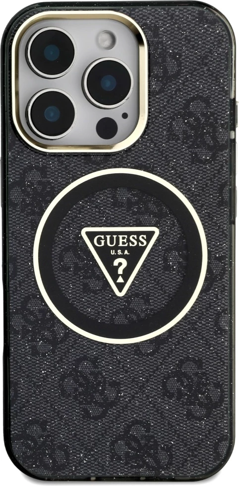 Mbështjellës Guess IML Metal Glitter 4G Circle Triangle MagSafe për iPhone 16 Pro, Zi