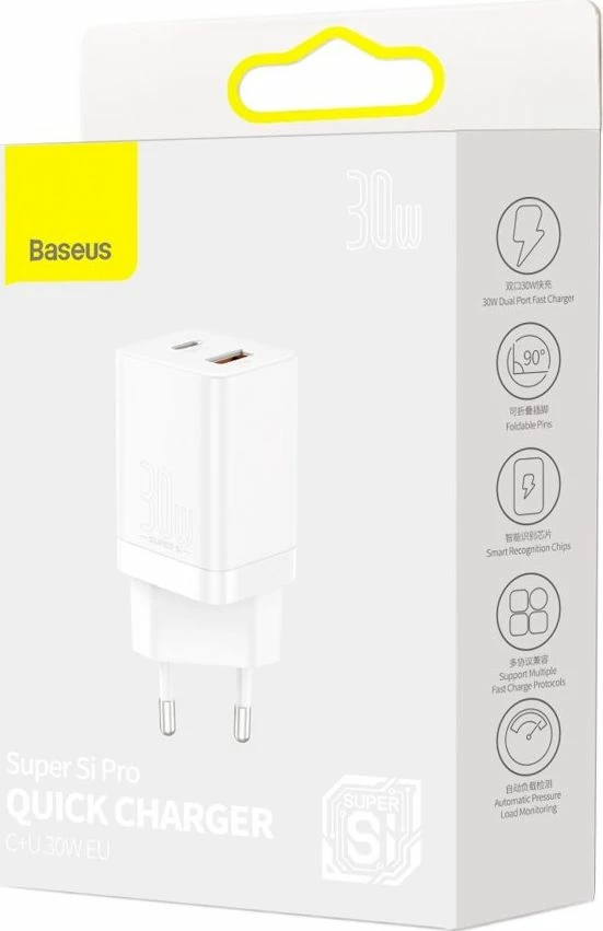 Karikues rrjeti Baseus Super Si Pro CCSUPP-E02 30W PD/QC, 1x USB-A + 1x USB-C, 3A, i bardhë