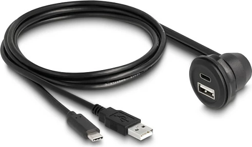 Kabllo zgjatëse USB DeLOCK USB 2.0, USB-A & USB-C mashkull në USB-A & USB-C femër (panel mount 90°), 1m, e zezë