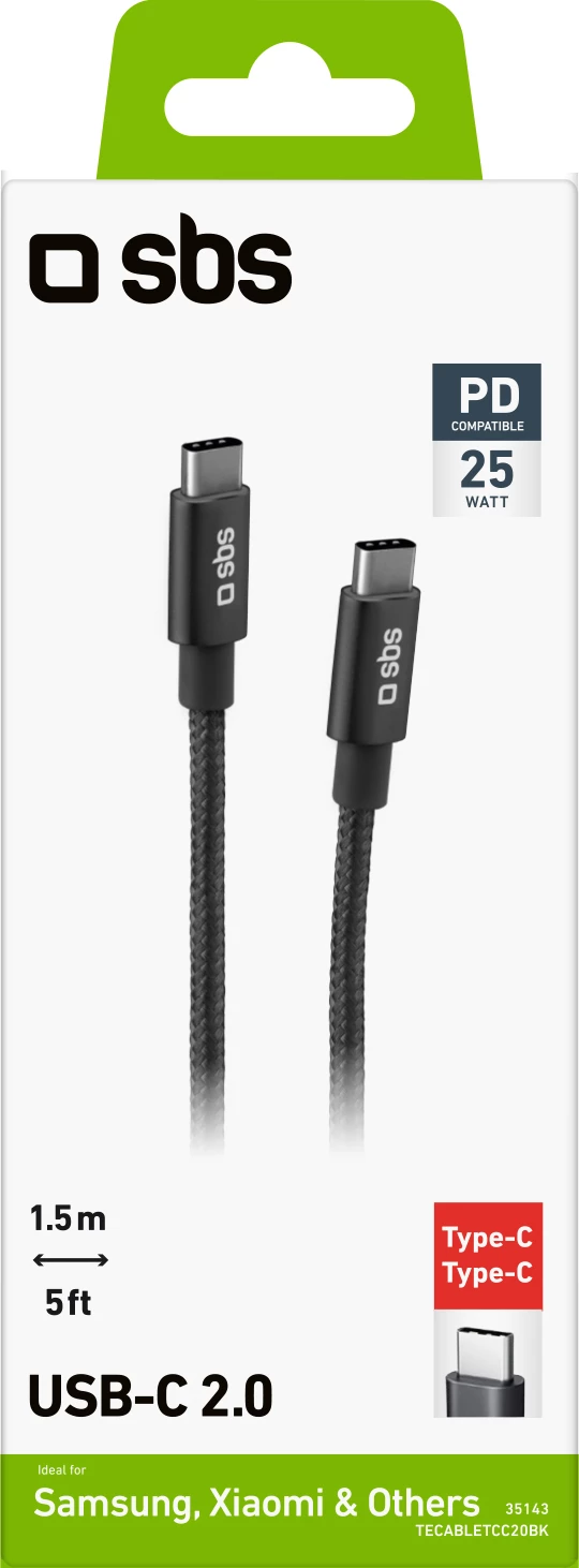 Kabllo USB-C në USB-C SBS TECABLETCC20BK, 1.5m, 25W, Gri