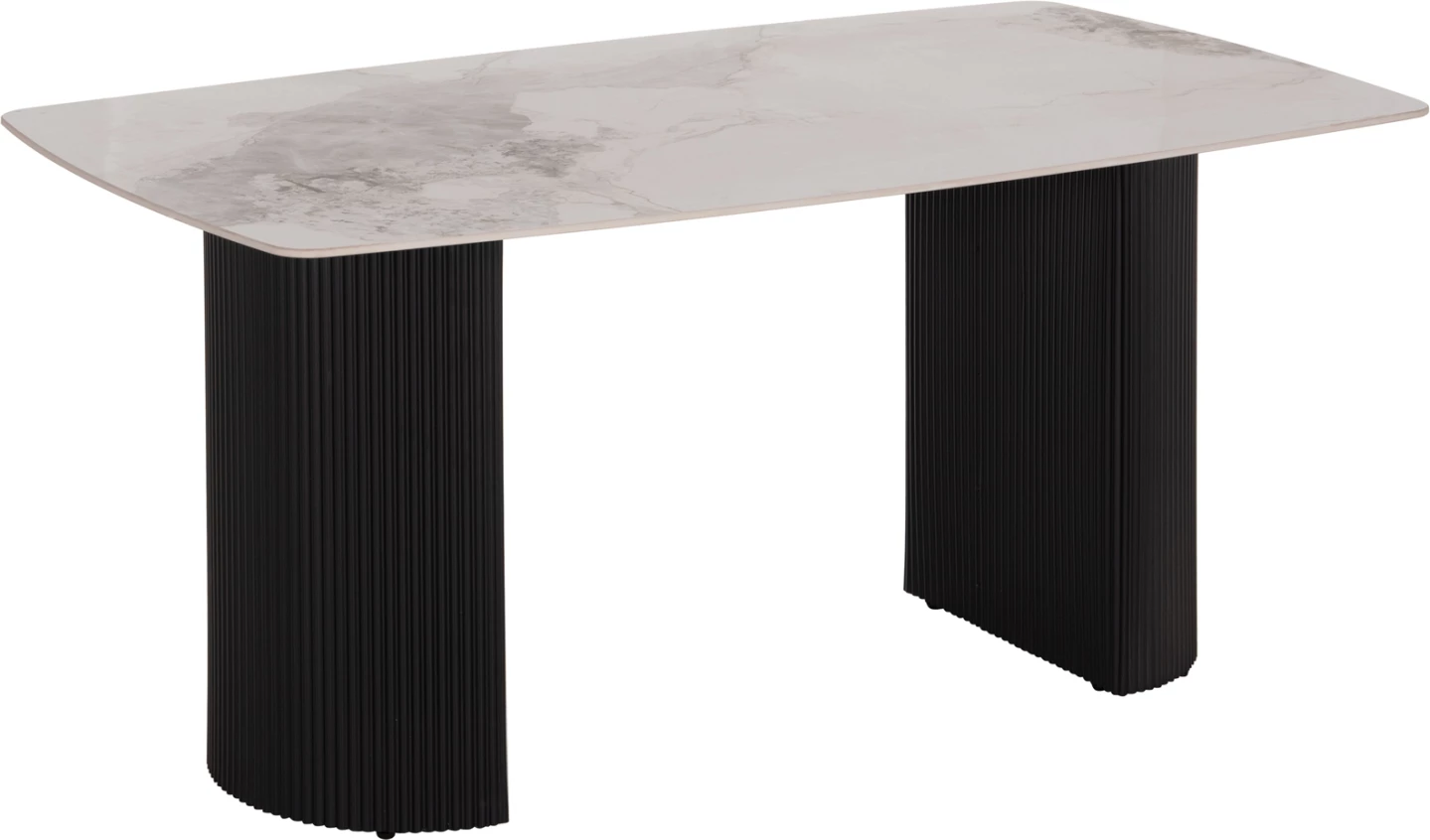 Tavolinë ngrënie Minao, këmbë MDF ngjyrë hiri e errët, sipërfaqe qeramike efekt mermeri e bardhë/kafe, 160x90x75 cm