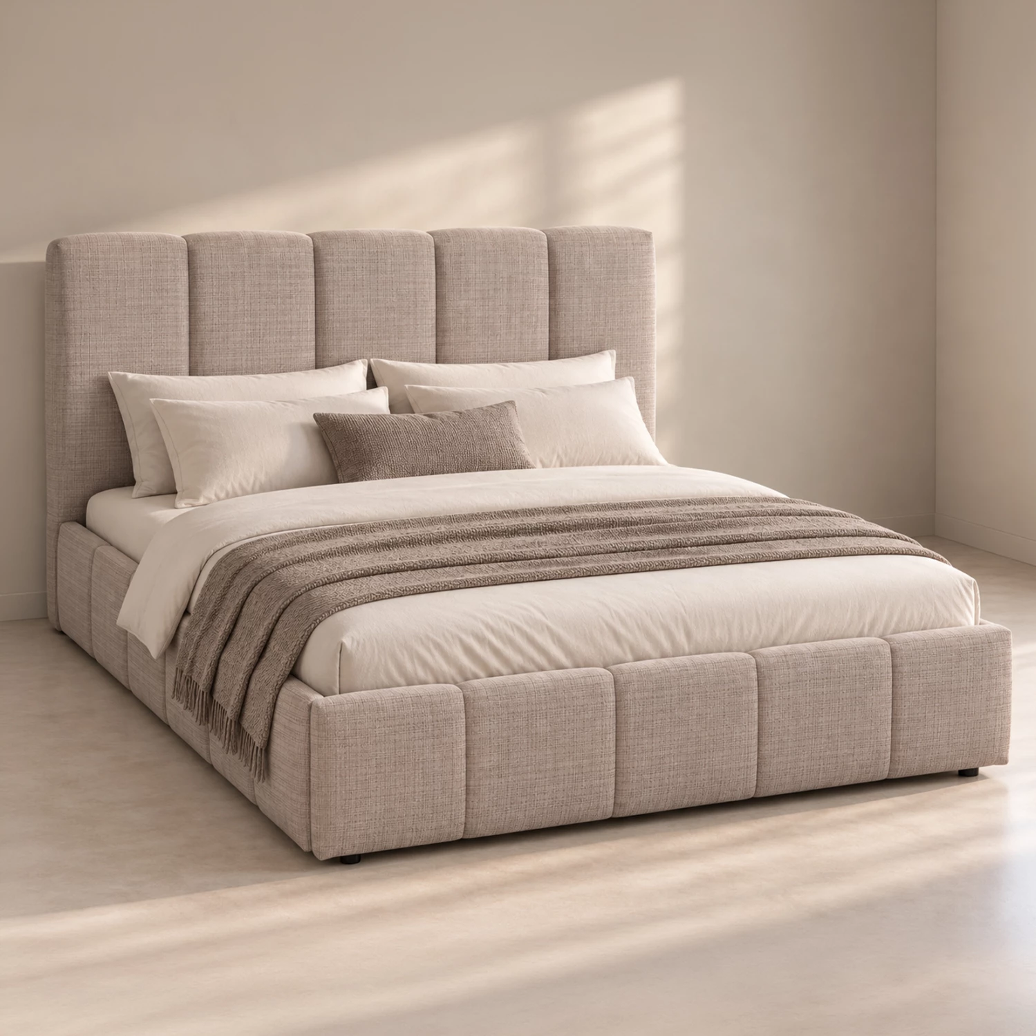 Krevat dopio me hapësirë magazinimi ENYA FH763.03, pëlhurë bezhë e çelët, për dyshek 160x200cm