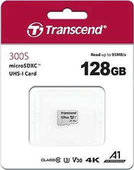Kartelë microSDXC Transcend 300S 128GB me adapter, Class 10, U3, V30, e argjendtë