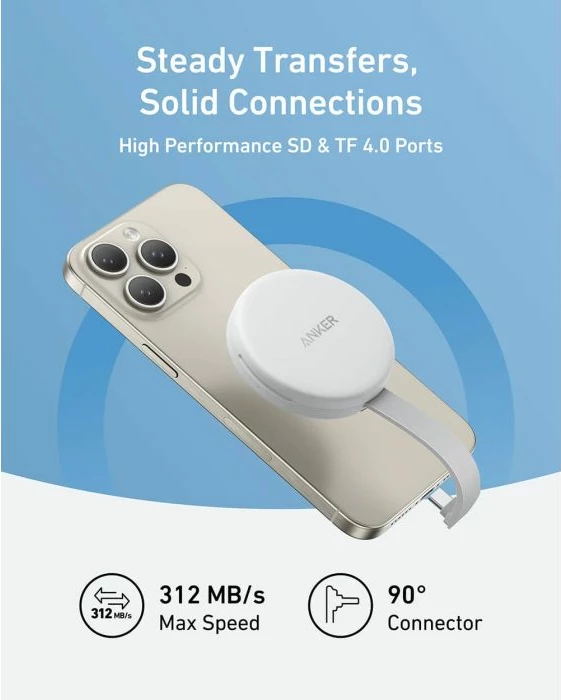 Adapter USB-C ANKER MagGo A83D1G21 3-në-1 10Gbps, SD/TF 4.0, karikim deri 42.5W, për iPhone USB-C, i bardhë, 1 copë