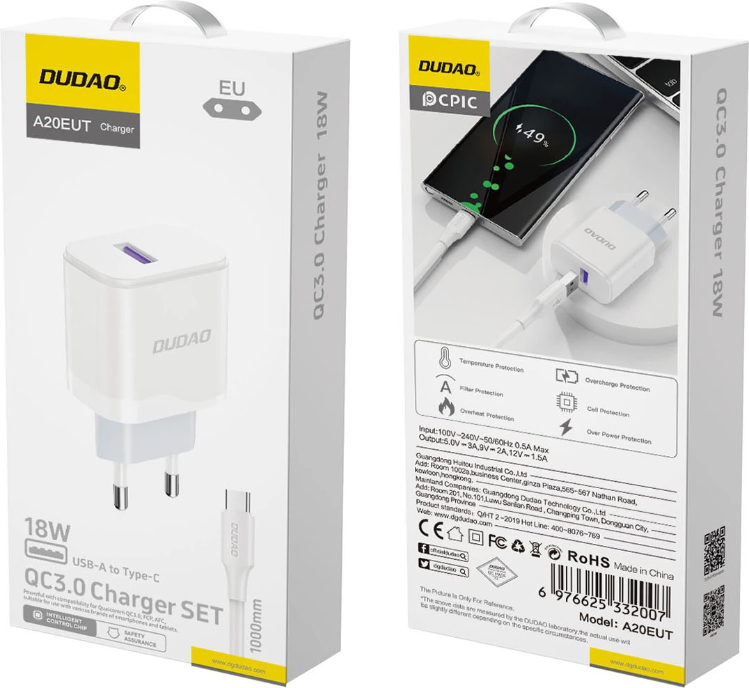 Karikues rrjeti Dudao A20EU me kabllo USB-A në USB-C, 18W, Bardhë