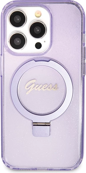 Mbështjellës Guess Ring Stand Script Glitter MagSafe për iPhone 14 Pro Max, vjollcë