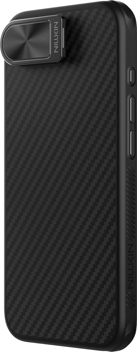 Mbështjellës Nillkin CarboProp Magnetic për iPhone 16e/17e, me MagSafe, mbulesë kamere + stand, i zi