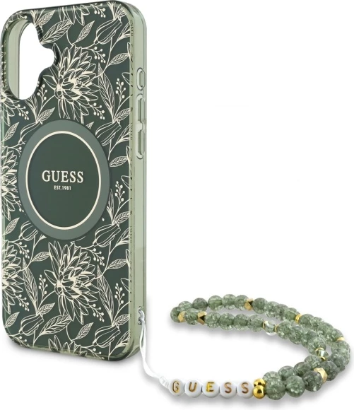 Mbështjellës Guess IML Flowers Allover Electro me pearl strap, për iPhone 16, MagSafe, Gjelbër