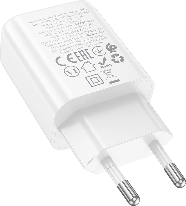 Adapter karikimi HOCO N63 Gentle GaN PD 30W USB-C + USB-A, EU plug, i bardhë, 1 copë