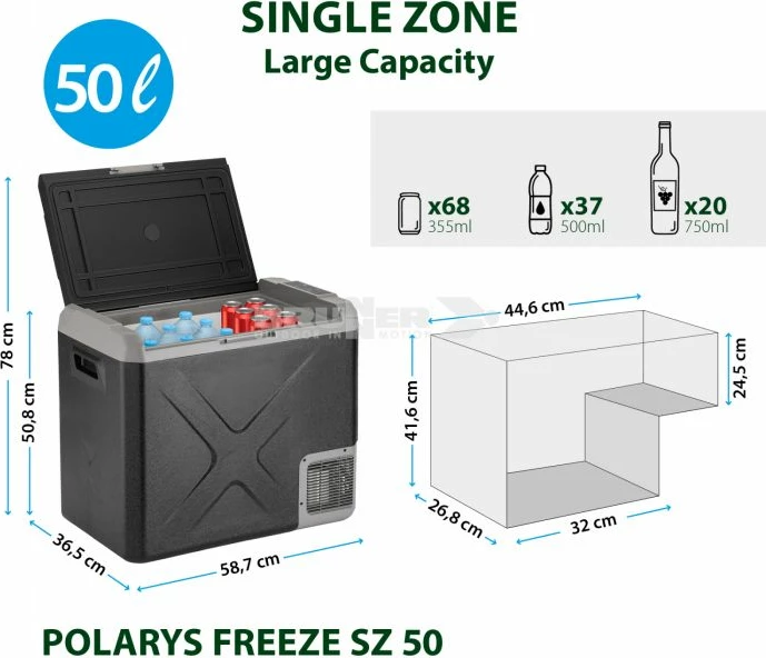 Frigorifer portativ/ftohës-ngrirës me kompresor BRUNNER POLARYS FREEZE SZ 50 50L, -20°C, 45W, 12/24V DC + 100-240V AC, 0826054N