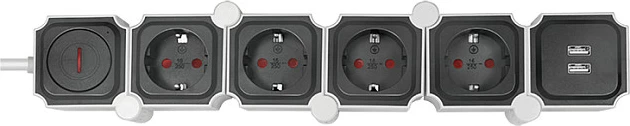 Zgjatues rryme LogiLink, 4 priza sigurie, 2x USB-A, formë gjarpri, bardhë/zi