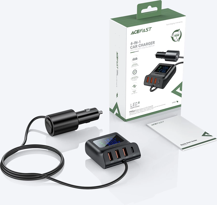 Karikues veture Acefast B8, 90W, 3x USB, 1x USB Type-C, me ekran, i zi