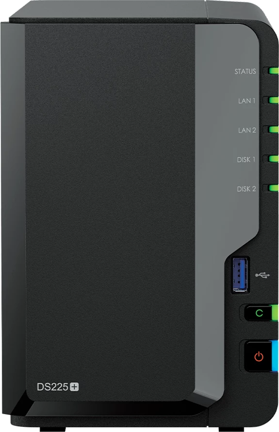 NAS Synology DS225+, 2-bay 3.5\" SATA HDD/SSD, Intel Celeron J4125, 2GB DDR4 (deri 6GB), 1GbE + 2.5GbE, 2x USB 3.2 Gen 1, i zi