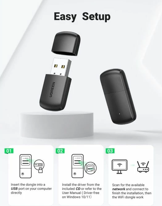 Adapter USB Wi‑Fi UGREEN AC650 (MPN 20204), dual band 2.4/5GHz, 433/200Mbps, USB-A 2.0, i zi, me kuti