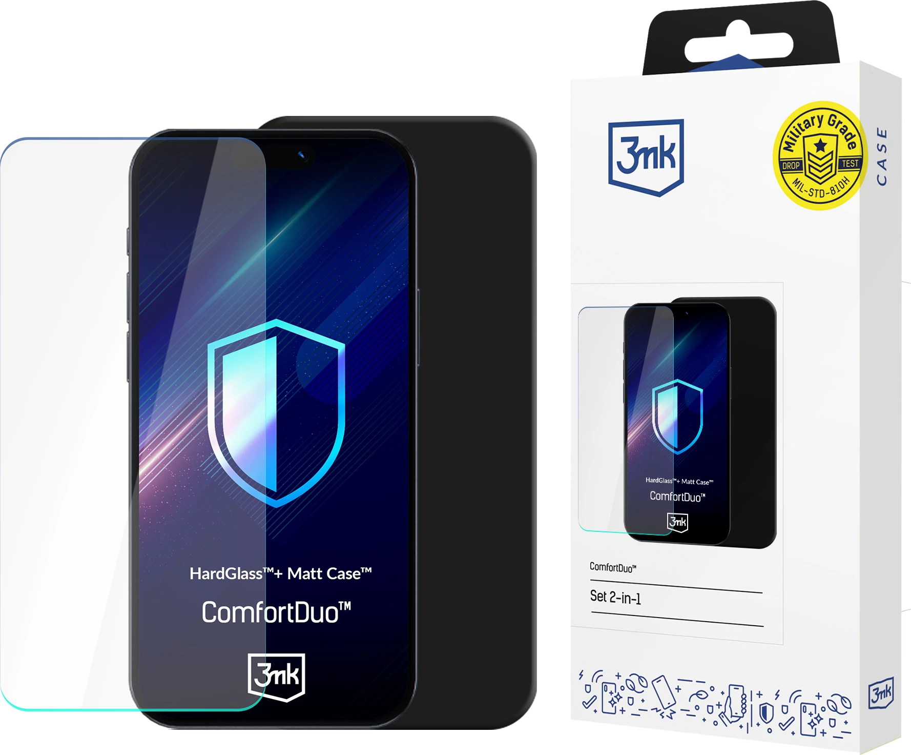 Set mbrojtës xham i kalitur HardGlass + Mbështjellës Matt Case 3mk ComfortDuo për Samsung Galaxy A17 5G, i zi, set 2-në-1