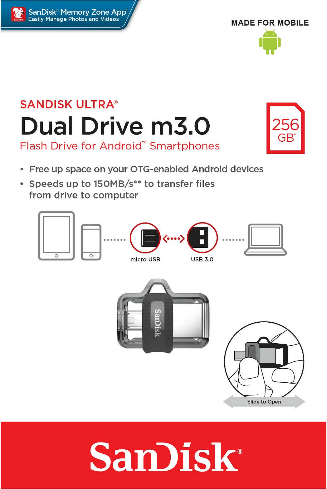 USB stick Sandisk Ultra Dual m3.0 256GB, USB 3.2, Micro-USB, zi/argjend/transparente