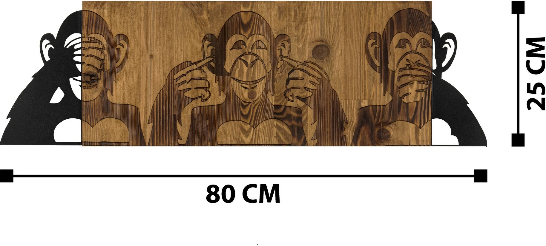 Aksesor dekorativ për mur, dru dhe metal, majmunët 'nuk pashë, nuk dëgjova, nuk di', ngjyrë e zezë dhe arre, 82x58cm