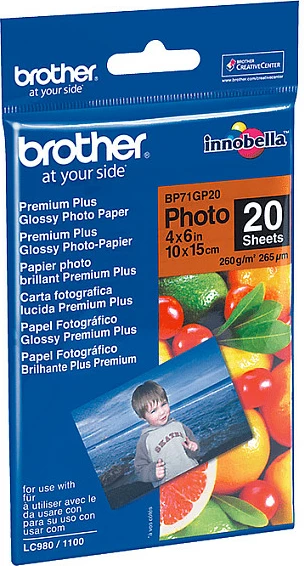 Letër fotografike Brother BP-71GP20 Premium Plus Glossy, 10x15cm (4x6), 260 g/m², 20 fletë, e bardhë