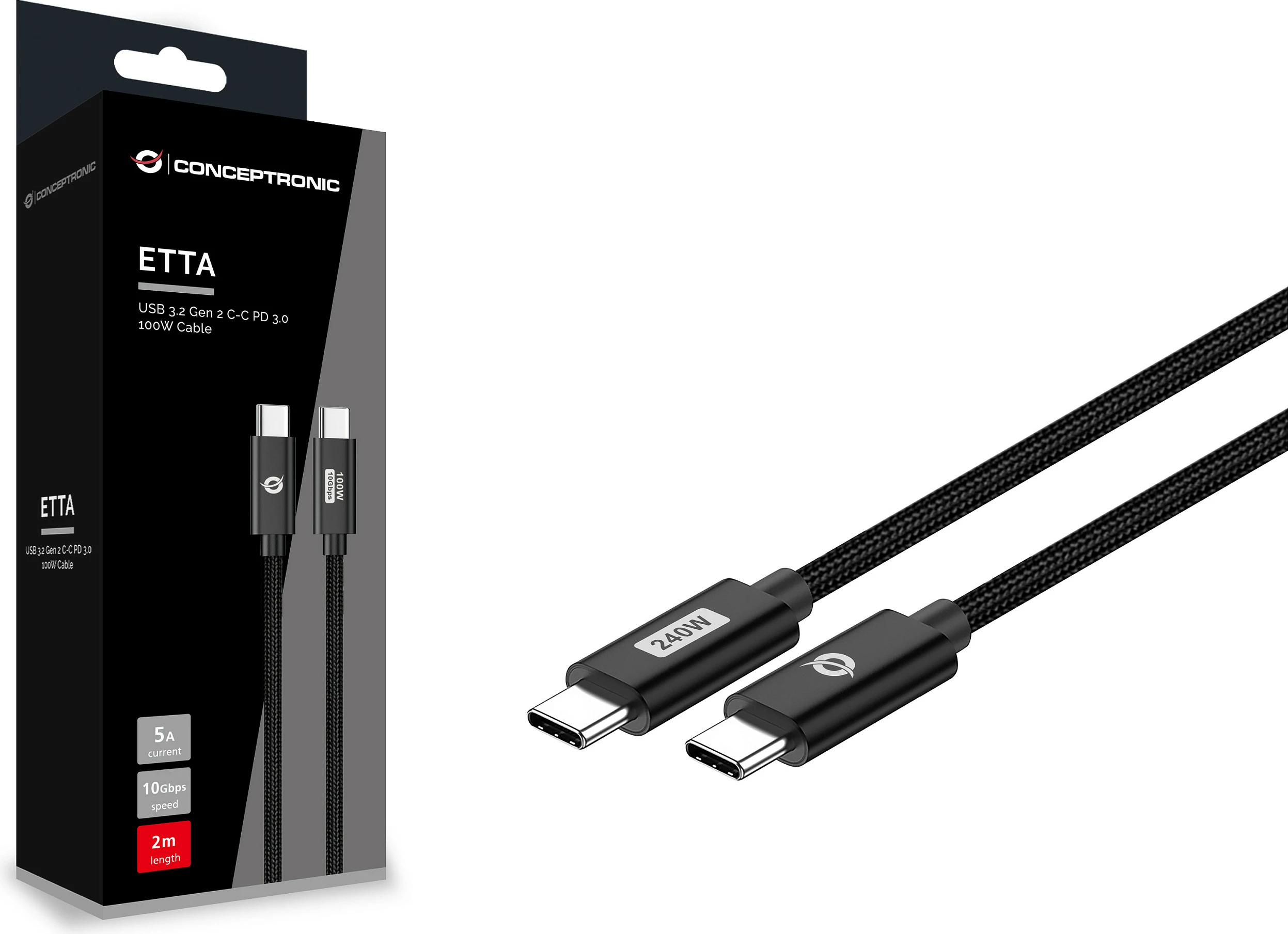 Kabllo USB-C Conceptronic ETTA03B12, PD 3.1 240W, 1.2m, e thurur, e zezë