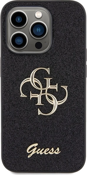 Mbështjellës Guess Glitter Script Big 4G për iPhone 15 Pro, i zi
