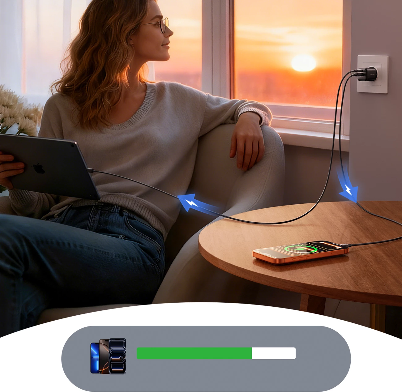 Karikues muri Joyroom JR-TG7 33W, 2x dalje USB-A + USB-C, me kabllo USB-C në Lightning 1m, i zi