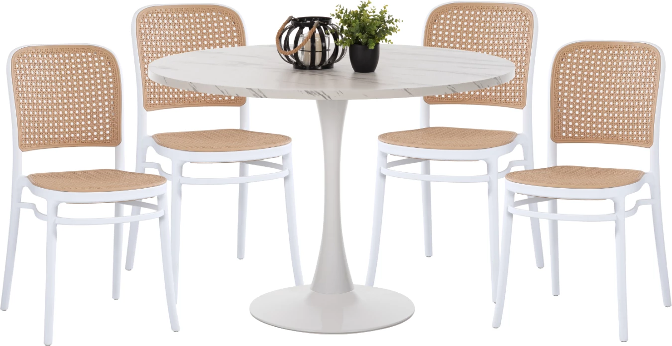 Set ushqimi 5 pjesë, tavolinë e rrumbullakët dhe karrige polipropileni në të bardhë