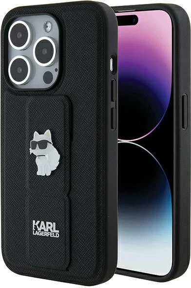 Mbështjellës Karl Lagerfeld Gripstand Saffiano Choupette Pins për iPhone 14 Pro Max, i zi