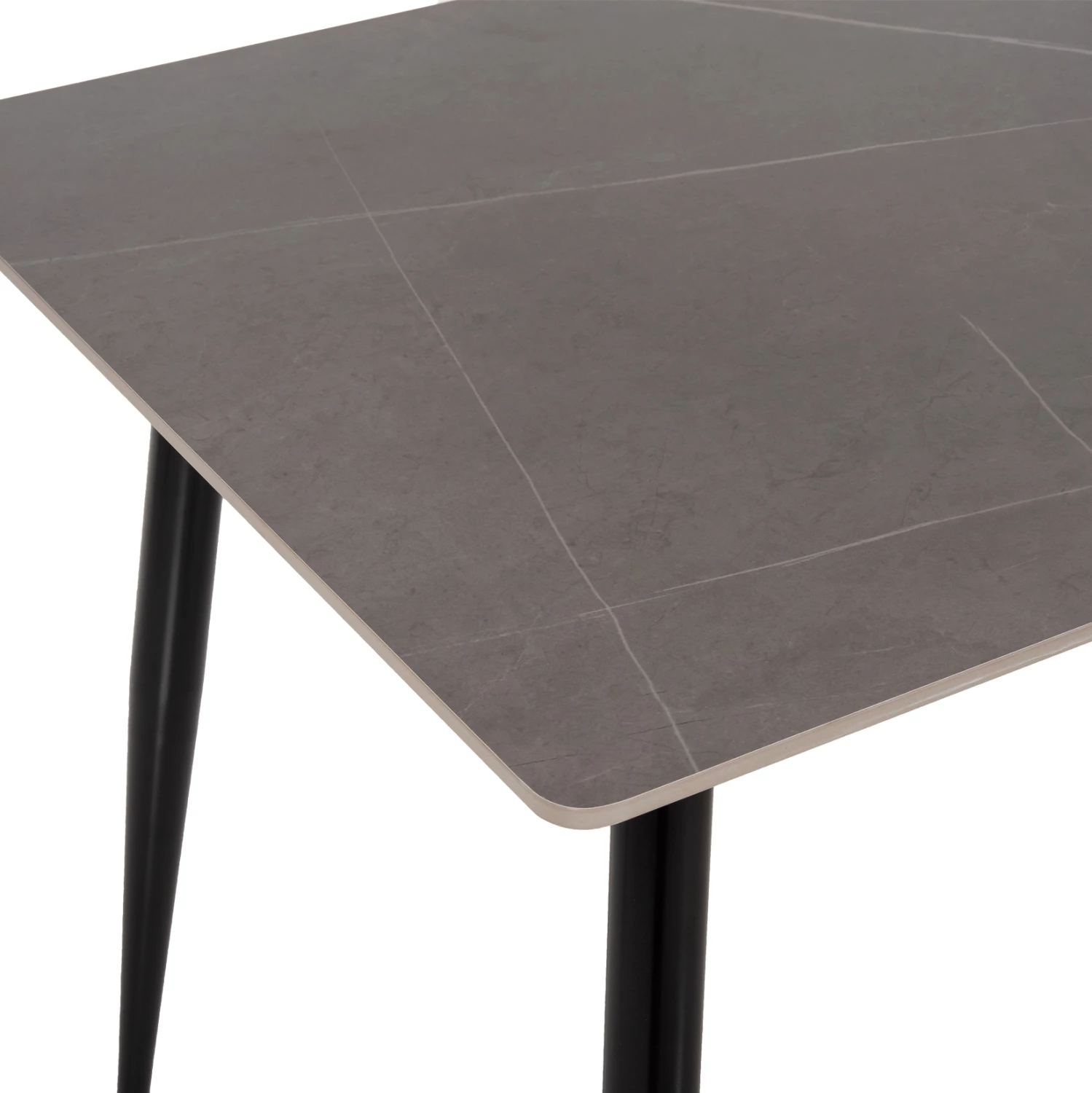 Tavolinë ngrënieje TOM, FH8588.01, sipërfaqe guri të sinteruar, pamje mermeri gri, këmbë metali të zeza, 160x90x76 cm
