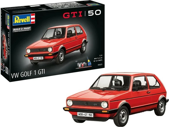 Model veture plastik, Revell, VW Golf 1 GTI 50 Years (REV-05623), shkallë 1:24, 121 pjesë, gjatësi 15.4 cm, për montim dhe lyerje