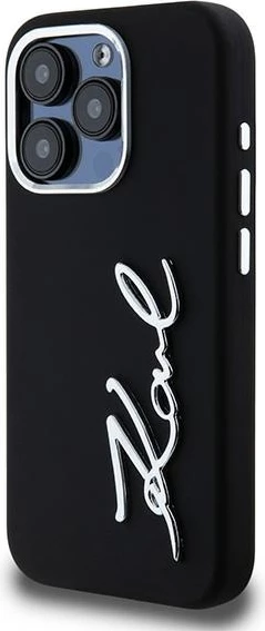 Mbështjellës Karl Lagerfeld Silicone Metal Script Logo për iPhone 15 Pro Max, i zi
