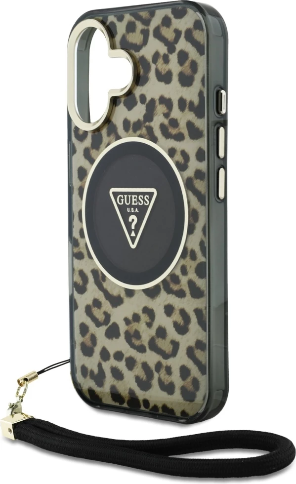 Mbështjellës Guess HC IML Leopard Triangle Cord Strap për iPhone 16, MagSafe, Kafe