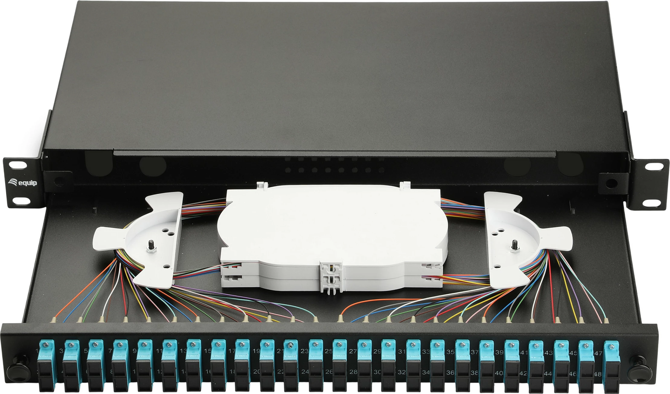 Kuti splice fiber optike Equip 337212, 24 porta LC Duplex, OM3, 1U rack, e zezë