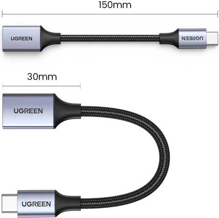 Kabllo adapter OTG Ugreen US378, USB-C (mashkull) në USB-A (femër), 0.15m, e zezë