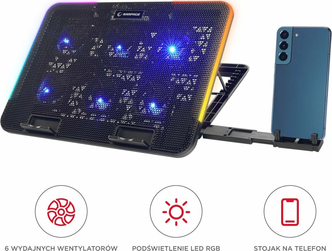 Stendë ftohëse laptopi Rampage Sixpower R9 15.6\", RGB, e rregullueshme, 2x USB 2.0, e zezë