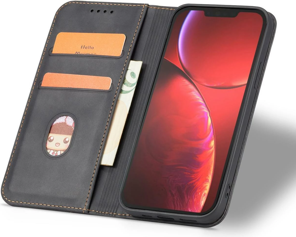 Mbështjellës Hurtel Magnet Fancy Case për iPhone 14 Pro Max, me kapak, portofol dhe qëndrim, e zezë