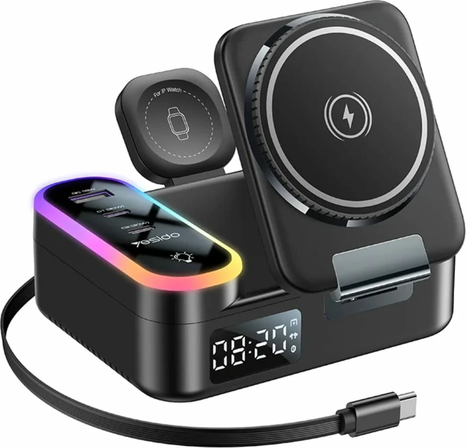 Stacion Karikimi Inteligjent 5 in 1 Yesido me Orë, RGB dhe Wireless Charging