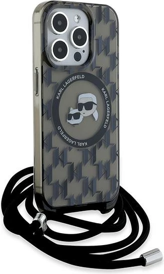 Mbështjellës Karl Lagerfeld IML Crossbody Monogram Karl & Choupette Head MagSafe për iPhone 15 Pro Max, i zi