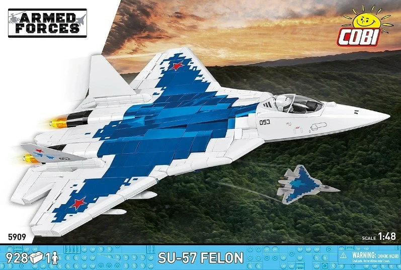 Set blloqe ndërtimi, Cobi, COBI-5909 SU-57 Felon 1:48, 928 copa, me figurë piloti dhe bazë ekspozimi, plastikë, kamuflazh blu-bardhë