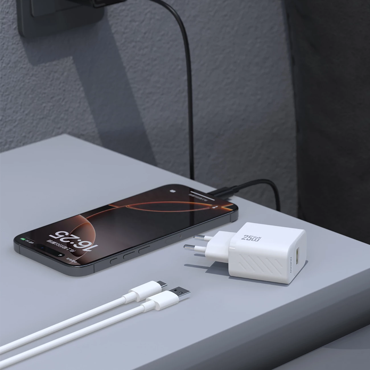 Karikues muror GaN, Dudao, A27STEU, 25W, portë USB-A, me kabllo USB-A në USB-C 1 m, prizë EU, i zi