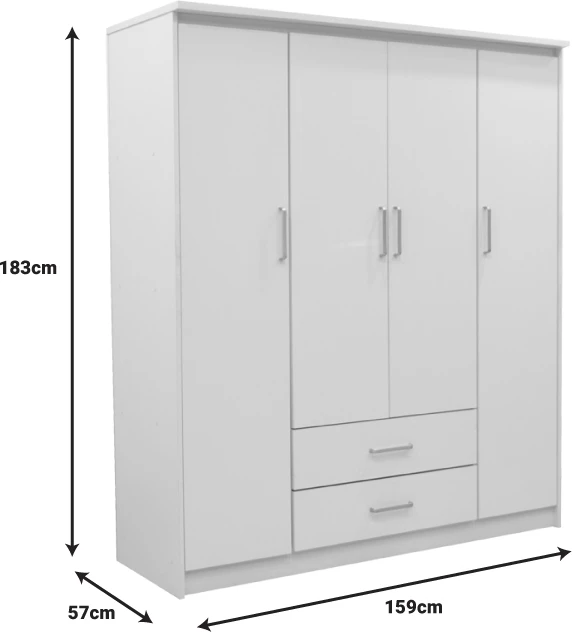 Dollap Olympus me 4 dyer dhe sirtarë, ngjyrë e bardhë, 159x57x183cm