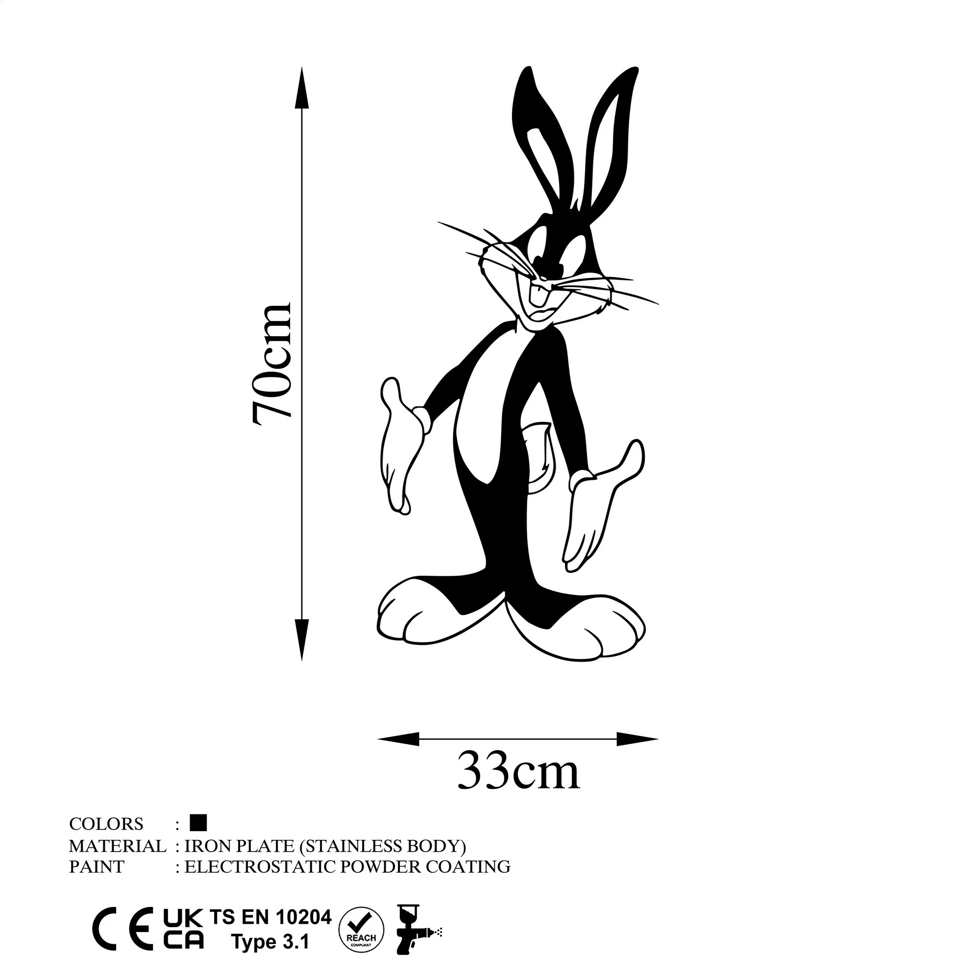 Aksesor dekorativ metalik për mur, Bugs Bunny, ngjyrë e zezë, 33x70cm