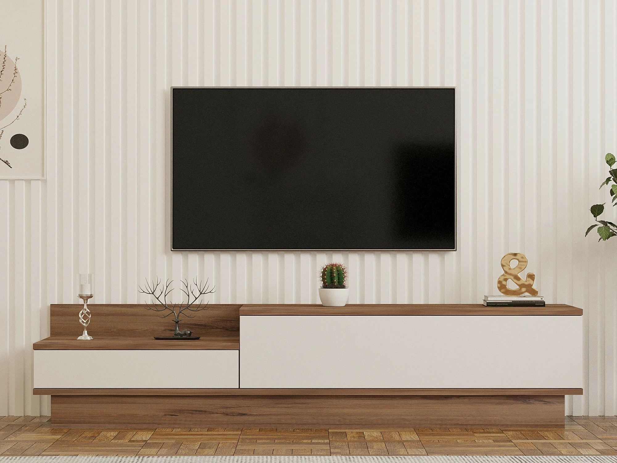 Komodë TV Hanah Home, Barko, ngjyrë pishë Atlantike dhe e bardhë